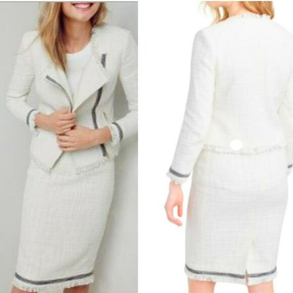 J. Crew Ivory Two Piece Suit Set Moto Jacket Skirt Women Size 2/4 Tweed Fringed - Picture 3 of 14
